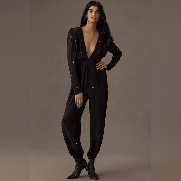 FARM Rio Pants - NEW Farm Rio Black Mirror Embroidered Jumpsuit L